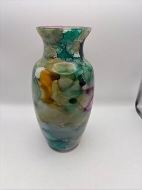Handblown Art Glass Vase in Teal, Green & Gold